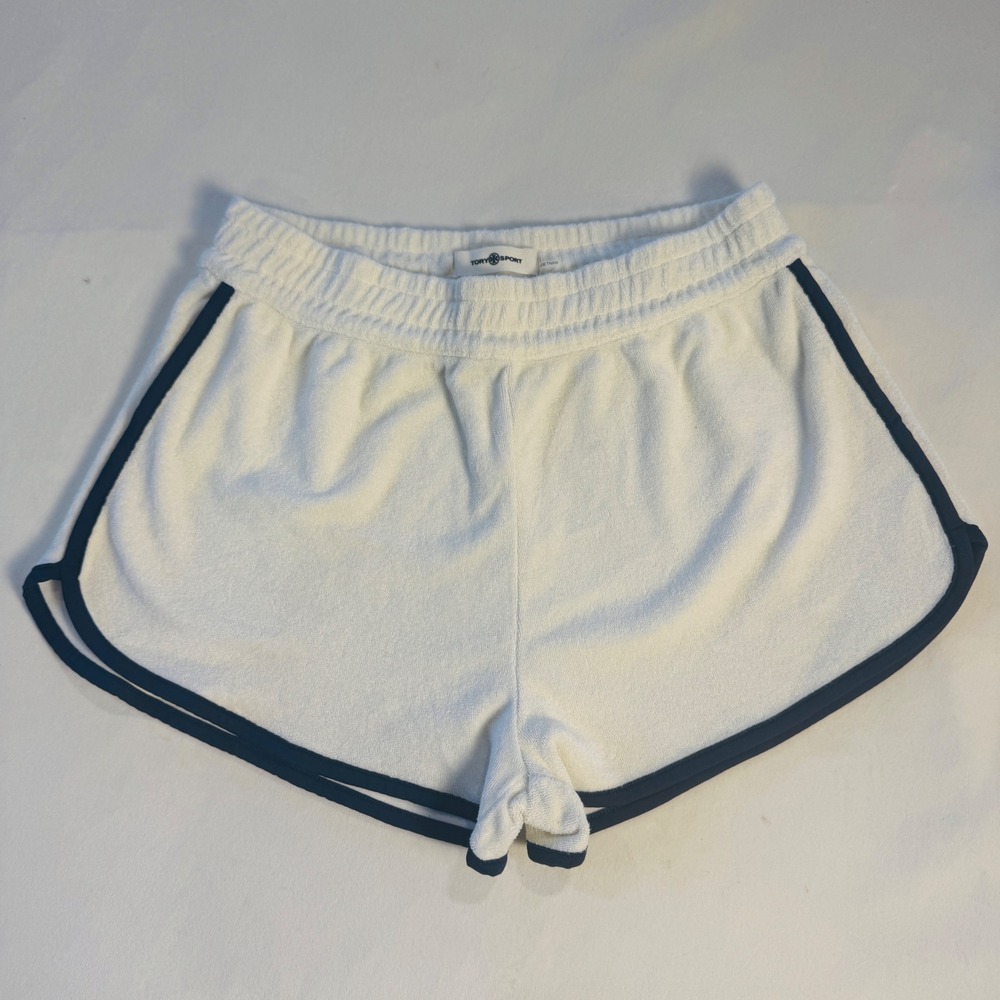 Tory Sport Women White Terry Cloth Dolphin Shorts Navy Trim Size Small